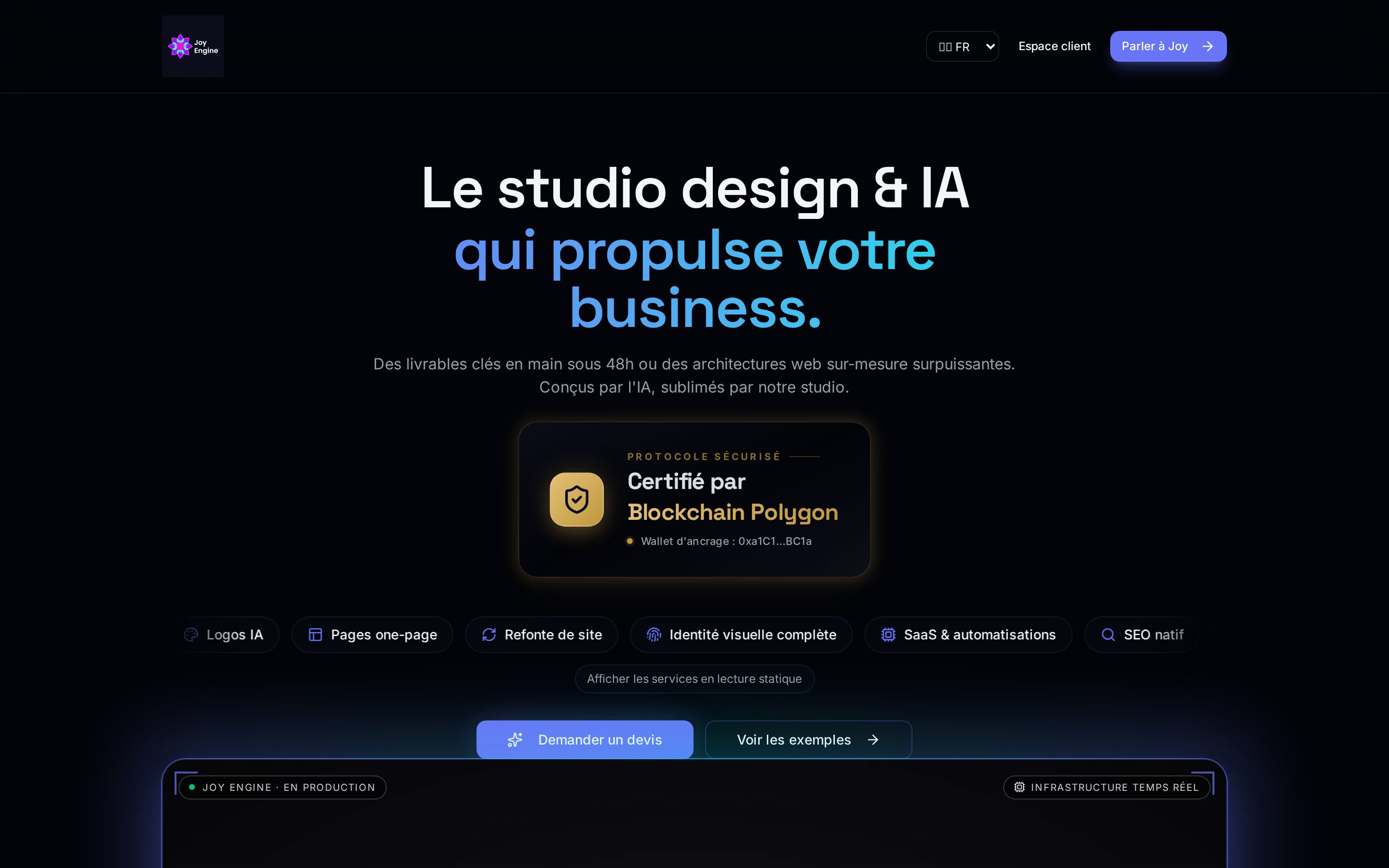 Page d'accueil de Joy Engine en production