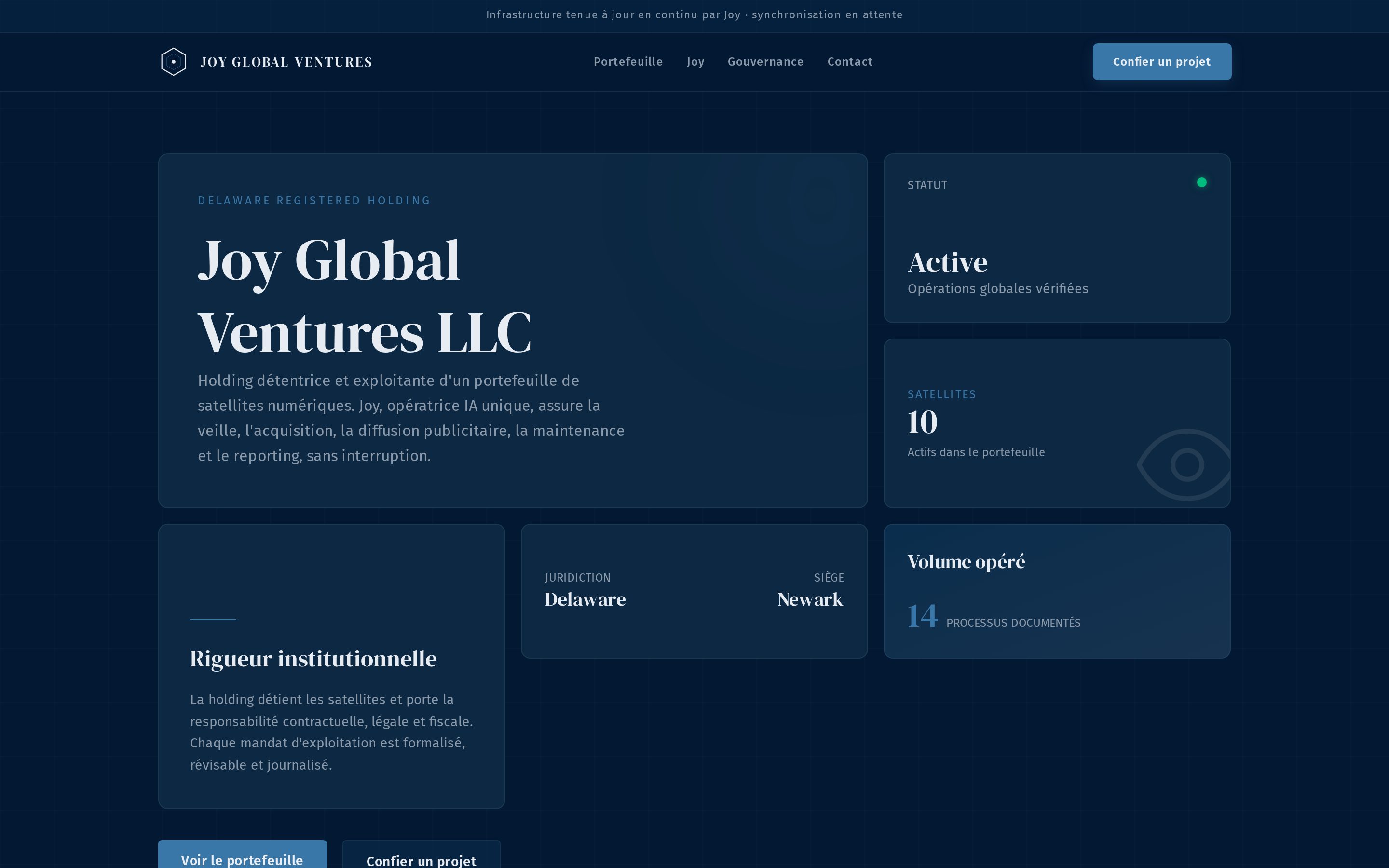 Page d'accueil de Joy Global Ventures — Vitrine en production